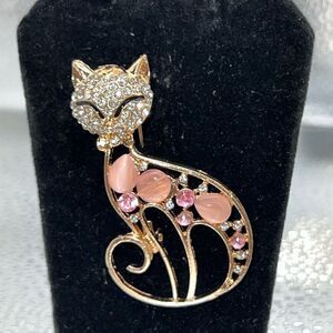 Rhinestones Bead Cat Pin Brooch Gold Tone Meow Kitty Collectable Classic Animal